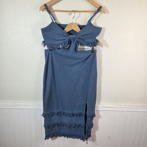 Bonheur D’amour Fringe Dress L Teal Boho Tie Front Cutout